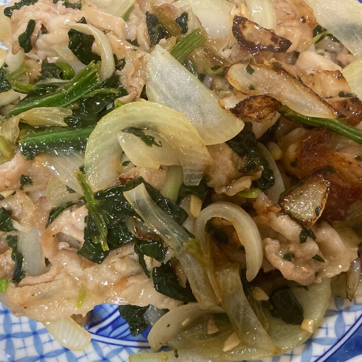 豚こま玉ねぎほうれん草のマヨポン焼き